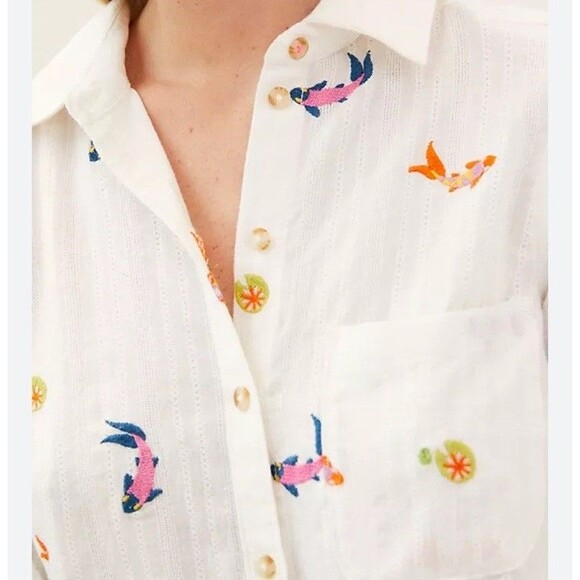 Anthropologie Maeve Embroidered Koi Fish White Button Down Rolltab Sleeves 4 - Picture 3 of 11